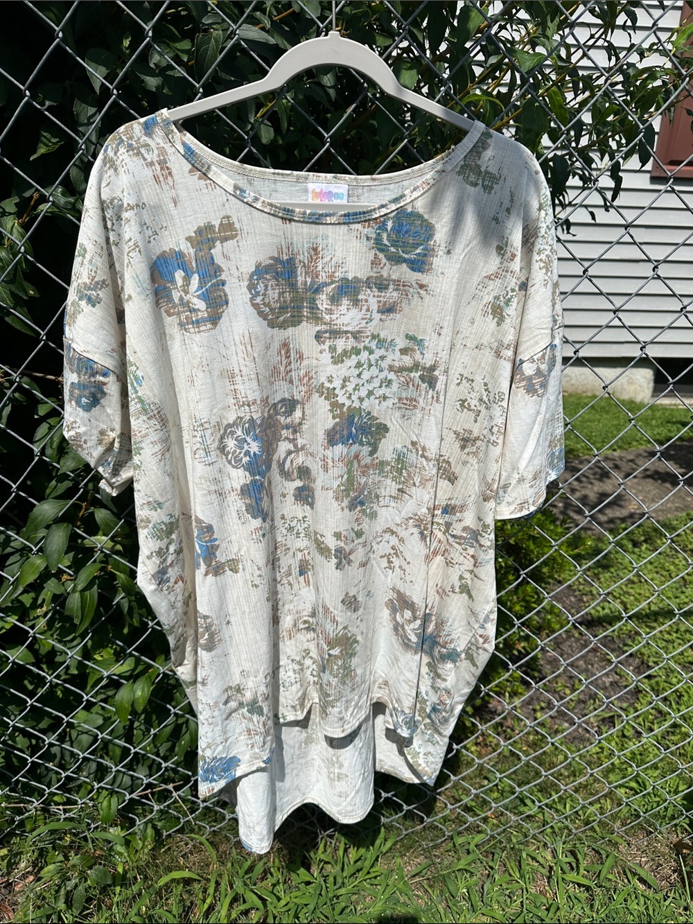 LuLaRoe Cream Floral Irma Tunic with Blue and Brown Accents